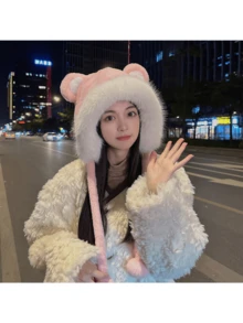 1pc Cute Plush Teddy Bear Hat For Women, Thickened & Warm, Ear Protective, Korean Style - White - View 2