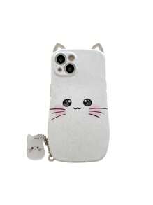 最新款米色貓耳紋TPU防震殼，帶透明貓吊飾，適用於iPhone - 米色 - 查看 2