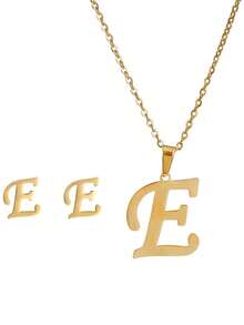 3 件/套不锈钢镀 18K 黄金首饰套装带耳钉字母吊坠耳环和项链女士复古首饰套装情人节礼物 - 金黃色 - 查看 29