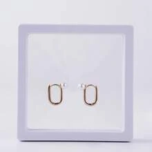 925銀橢圓形耳環,全中空設計,飾有人工塑料珍珠 - 金色 - 查看 6