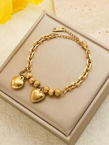 1入個金色時尚個性化愛心形不鏽鋼女士手鐲 - 金色 - 查看 2