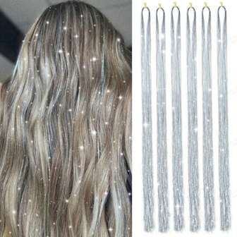 6 件银色 48 英寸金属丝接发 1200 股金属丝闪光接发 女士发饰 圣诞新年万圣节角色扮演派对狂欢音乐节
