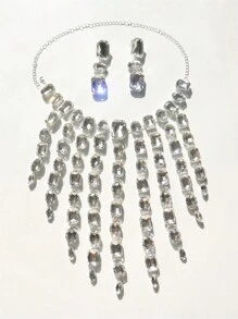 1入組時尚方形立方氧化鋯項鍊,耳環和戒指套裝,適用於女士,派對/雞尾酒配件 - 銀色 - 查看 13