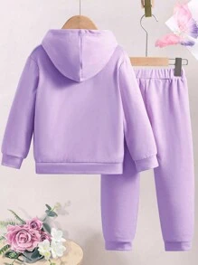 Tween 女童蝴蝶图案印花连帽运动衫和运动裤运动套装 - 紫色 - 查看 2