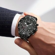 Lige時尚男士手錶 休閒運動男士頂級品牌奢華全鋼防水計時石英手錶 - 黑色 - 查看 2