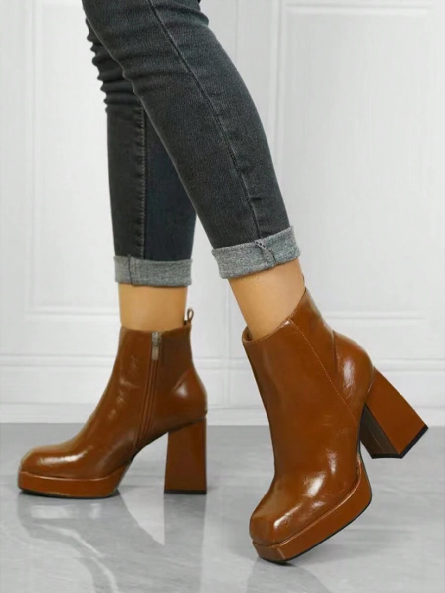 女款防滑純色方頭側拉鍊踝靴2023秋冬新款時尚pu皮革厚高跟厚底騎士靴 - 棕色 - 查看 1