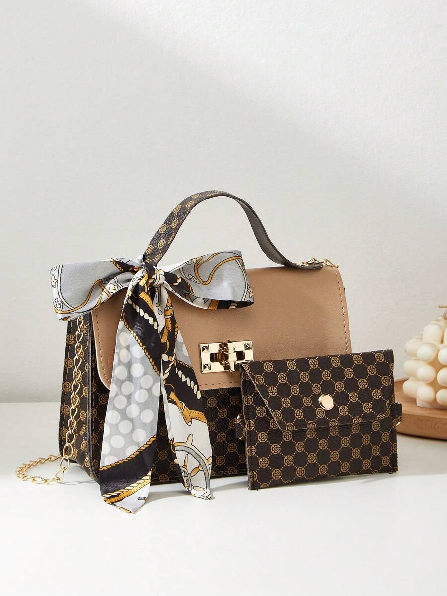Women's 2-Piece Combination Bag Set With Shoulder Crossbody Chain Bag And Scarf Handbag - Coffee Brown - View 1