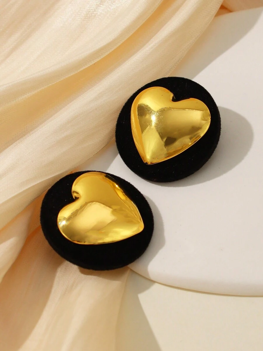 1對高端黑色天鵝絨&金色心形誇張耳釘,極簡風格,適合女性日常穿著 - 黑色 - 查看 1