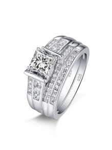 2pcs/Set Fashionable Elegant Luxury Wedding Rings Made Of 925 Sterling Silver & Cubic Zirconia With Gold-Color Plating, Ideal For Women On Engagement, Wedding, Anniversary And Festive Occasions Bridal Jewelry