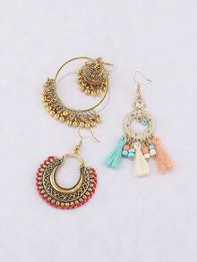 3sets Bohemian Style Tassel & Bell Shaped Alloy Earring Set, Suitable For Women's Wedding, Parties And Banquets - Gold - View 3