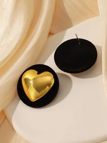 1對高端黑色天鵝絨&金色心形誇張耳釘,極簡風格,適合女性日常穿著 - 黑色 - 查看 7