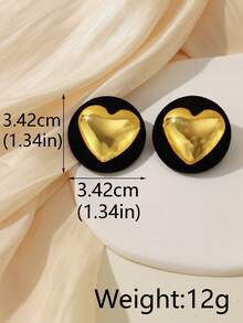 1對高端黑色天鵝絨&金色心形誇張耳釘,極簡風格,適合女性日常穿著 - 黑色 - 查看 6