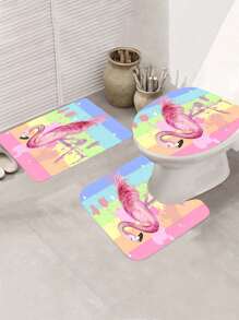 4入組創意火烈鳥印花淋浴簾套組包括淋浴簾、地毯、廁所蓋、防滑u型墊和裝飾浴墊,防水淋浴簾,附12個掛鉤 - 彩色 - 查看 4