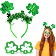 2Pcs St. Patrick'S Day Headband Shamrock Headband Glasses Set For Green Theme Parties And Even St Patricks Day Parades, Stage Props And Other Important Occasions - Green - View 1