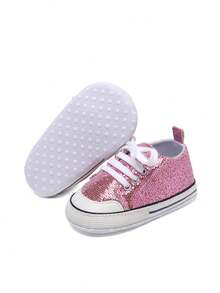 一双女孩男孩婴儿运动鞋串珠亮片婴儿鞋初学步鞋新生儿鞋幼儿乐福鞋系带平底可爱时尚休闲系带运动鞋适合所有季节 - 淡紫色 - 查看 6