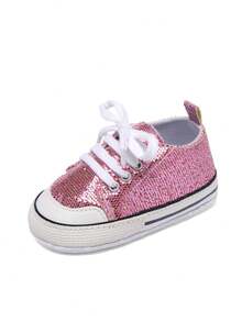 一双女孩男孩婴儿运动鞋串珠亮片婴儿鞋初学步鞋新生儿鞋幼儿乐福鞋系带平底可爱时尚休闲系带运动鞋适合所有季节 - 淡紫色 - 查看 4