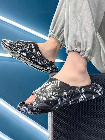 Men's Fashionable Cartoon Space Letter Comfortable Slip-On Slippers, Indoor Home Anti-Slip Sandals
