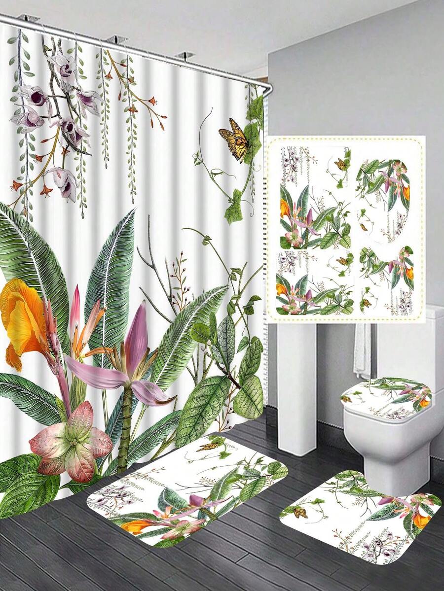4pcs Creative Butterfly Printed Shower Curtain Set With Bathroom Mats, Decorative Bath Mat, Toilet Lid And Anti-Slip U-Shaped Mat, Waterproof Shower Curtain, 12pcs Hooks - Multicolor - View 1