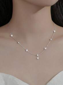 時尚S925純銀寒冷風格幸運草項鍊帶發亮方晶鋯石,鎖骨鏈條適合女士,首飾類禮品 - 銀色 - 查看 2