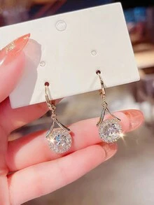 1對時尚簡約鋯石吊墜耳環,適合女性日常佩戴 - 金黃色 - 查看 1