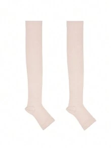 Sports Outdoor 1pair Over Knee Unisex Compression Socks With Opentoe Design, Solid Color, Warm Leg Prevent Varicose Veins Socks For Sports And Ladies - Beige - View 3