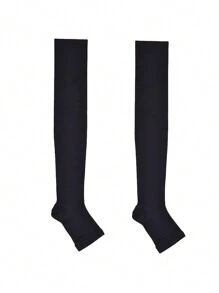 Sports Outdoor 1pair Knee High Open Toe Compression Socks Solid Color Leg Warmers, Neutral Style For Women, Prevent Varicose Veins During Sports