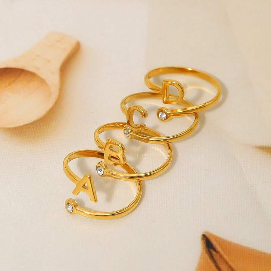 1個女士字母系列鈦鋼18k鍍金鑽石鑲嵌開放式指環 - 金色 - 查看 1