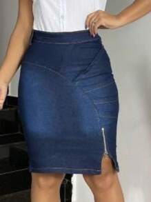 Women Denim Skirts - 中等水洗藍 - 查看 1