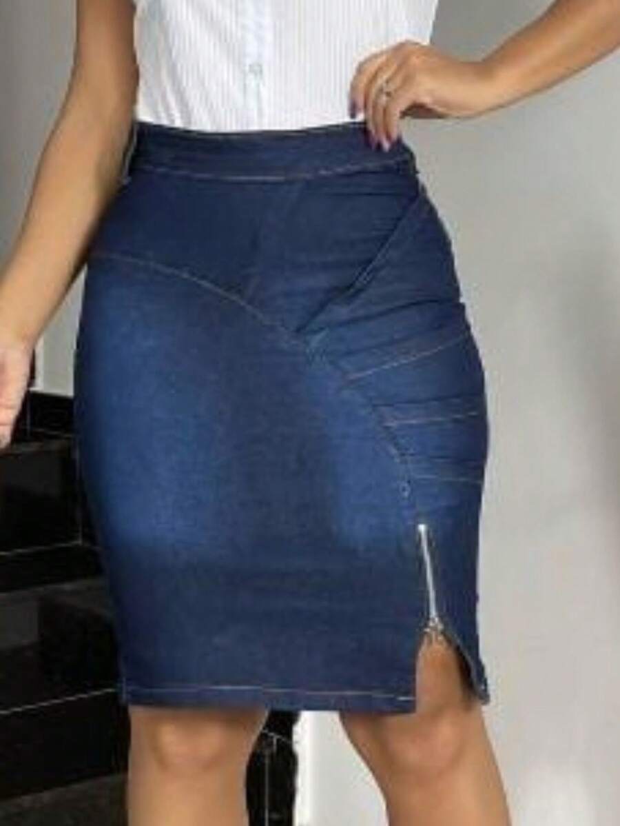 Women Denim Skirts - 中等水洗藍 - 查看 1