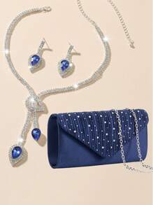 Bolsa de Mão/Ombro Elegante com Decoração de Strass para Festa, com Alça de Corrente + Conjunto de Brincos e Colar com Pingente de Coração de Strass, Presente Perfeito para o Dia dos Namorados para Ela, Melhor Opção de Presente de Dia dos Namorados