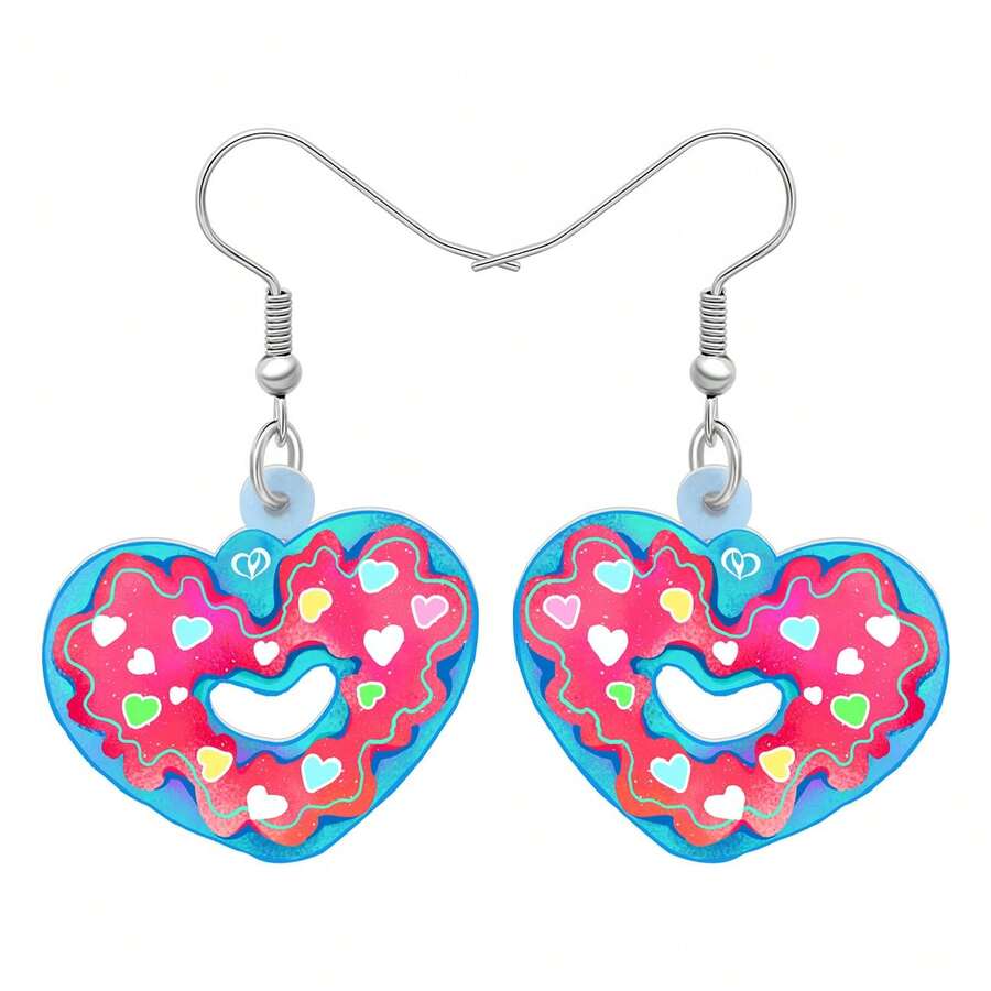 1 对亚克力情人节礼物甜甜圈耳环垂坠心形甜甜圈甜点零食饰品适合女士女孩儿童派对礼物装饰 - 酒紅色 - 查看 1