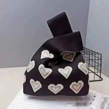 针织手提包针织毛线水桶包、礼品包、午餐包，适合女性日常使用、约会、情人节礼物情人 - 黑色 - 查看 2