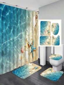 4pcs Creative Seaside Beach & Shell Pattern Printed Shower Curtain Set, Includes Bathroom Shower Curtain With Hooks, Toilet Lid Cover, Non-Slip Bath Mat And Pedestal Rug, Decorative Bathroom Rug, Water-Resistant - Multicolor - View 1