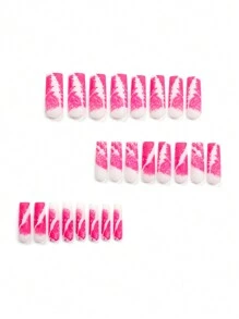 24入組浪漫粉色霧感芭蕾風格假指甲，情人節禮物+ 1支果凍膠+ 1支指甲文件，即貼式假指甲，美甲工具 - 彩色 - 查看 2