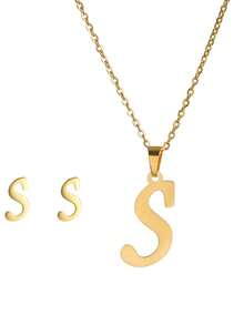 3 件/套不锈钢镀 18K 黄金首饰套装带耳钉字母吊坠耳环和项链女士复古首饰套装情人节礼物 - 金黃色 - 查看 24