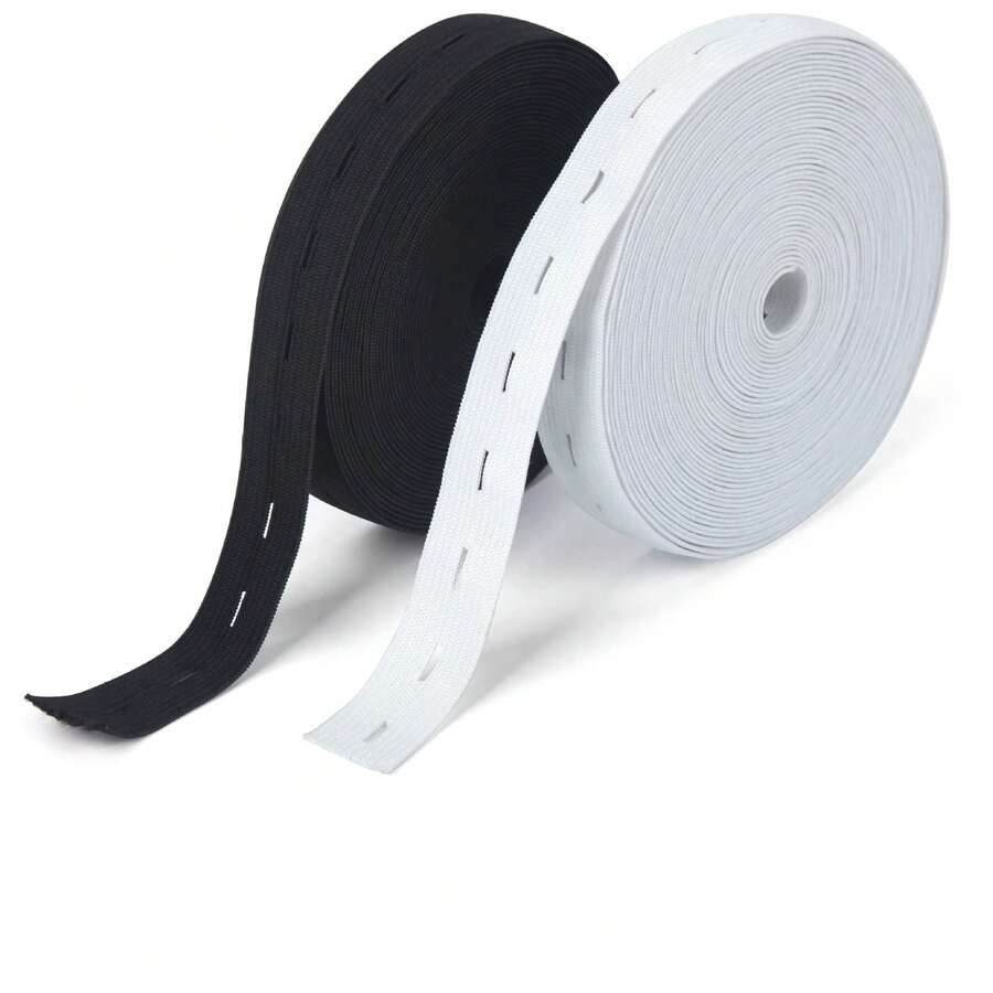 2 Rolls Of 14 M Elastic Band With Button Eyelets, Elastic Band Width 20 Mm And 20 Buttons, Elastic Band Sewing For Trouser Skirt Headband - Black and White - View 1