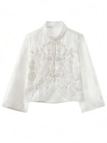 青少女白色復古刺繡珠飾上衣旗袍風格長袖夾克 - 白色 - 查看 6