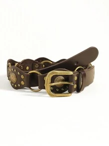 1 件时尚潮流复古美式拼接孔眼铆钉腰带，配朋克金属扣，可作装饰，搭配牛仔裙 - 咖啡 - 查看 13