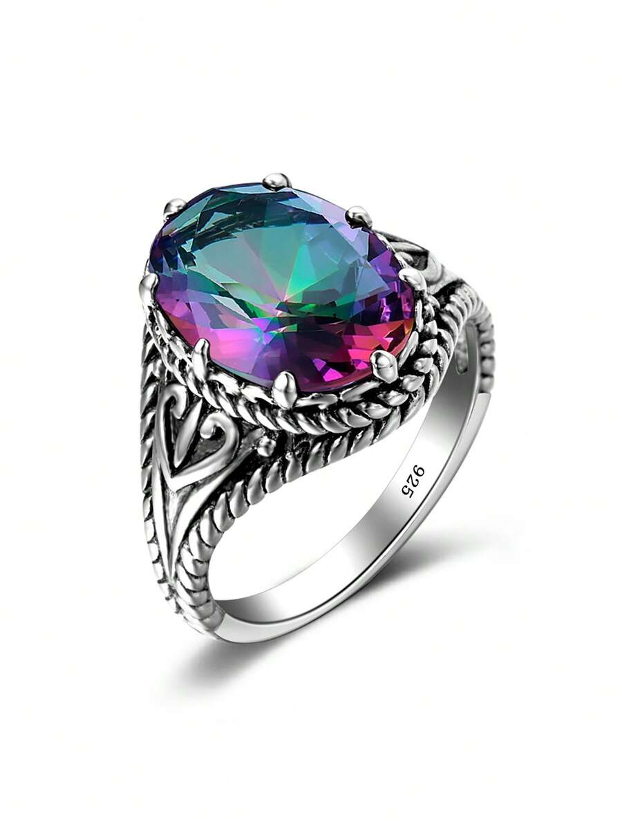 1入組精美綫圈細節方晶鋯石裝飾純銀圓環適合女士適合派對 - 彩色 - 查看 1