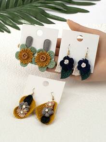 1 套 3 對手工布料彩色女式耳環,心形、葉子和花朵設計,經典鄉村風格,適合節日派對、生日和日常佩戴 - 彩色 - 查看 5