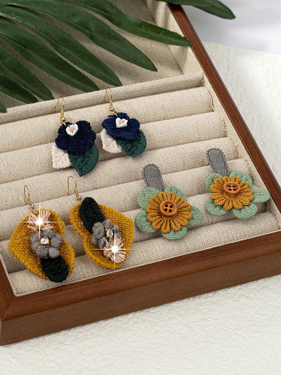 1 套 3 對手工布料彩色女式耳環,心形、葉子和花朵設計,經典鄉村風格,適合節日派對、生日和日常佩戴 - 彩色 - 查看 1