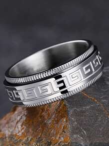 Men Geometric Detail Ring Black Titanium Steel Fashion Punk For A Stylish Look - Black - View 7