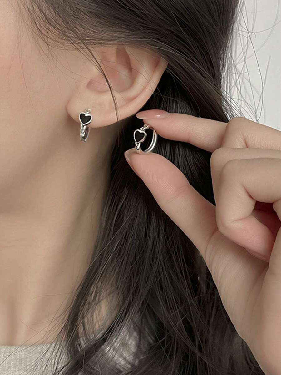 GAGAFEEL 1雙ins風格獨特甜美風&酷設計簡約風多用途時尚S925銀黑色心形耳釘適合女士生日禮物 - 銀色 - 查看 1