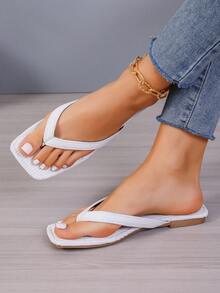 女款新款簡約方頭純色拖鞋,時尚休閒平底舒適布料,防滑戶外沙灘度假丁字褲 - 白色 - 查看 2