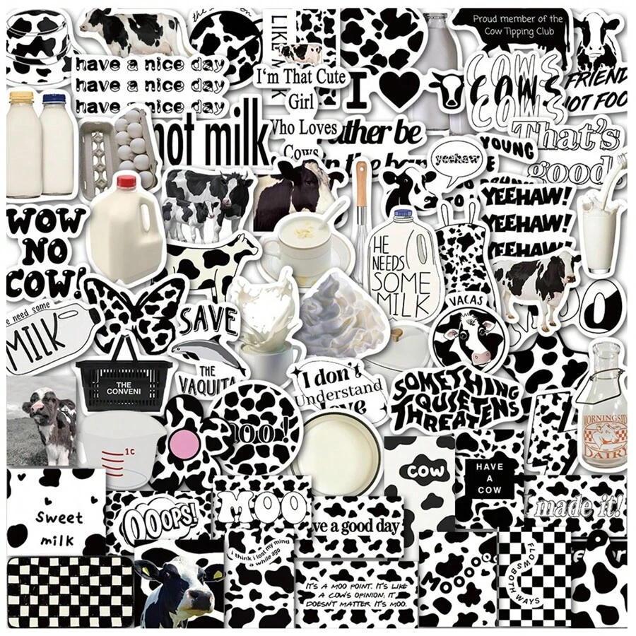 Kawaii Girl Black And White Cow Print Sticker Retro Black And White Sticker For Laptop, Water