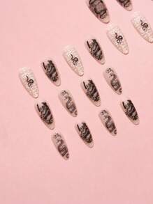 24片装中号杏仁形复古黑色哑光字母和哥特式蛇皮裸色全覆盖假指甲套装，打造迷人美甲 - 彩色 - 查看 3