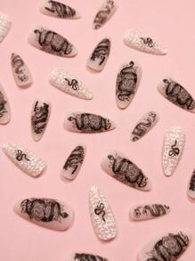 24片装中号杏仁形复古黑色哑光字母和哥特式蛇皮裸色全覆盖假指甲套装，打造迷人美甲 - 彩色 - 查看 2