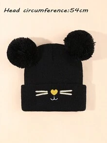 1pc Kid's Dual-Pom Knitted Beanie With Embroidery - Black - View 2