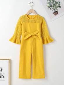 1件幼兒女童簡約優雅波浪袖連身衣,適用於春秋季節 - 黃色 - 查看 1