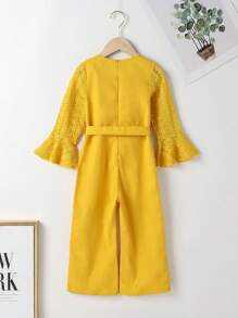 1件幼兒女童簡約優雅波浪袖連身衣,適用於春秋季節 - 黃色 - 查看 2